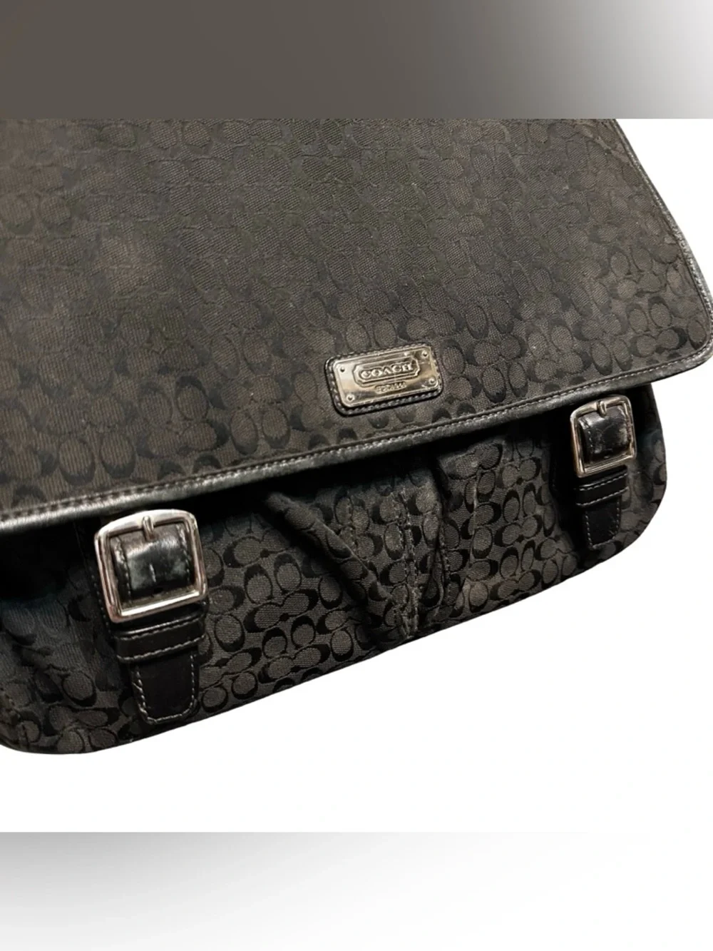 COACH Black Jacquard Messenger Bag Laptop Canvas Leather Trim Saddle Signature